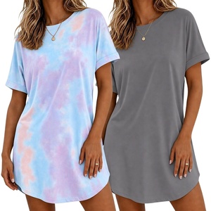 Ekouaer 2 Pack Nightgowns for Women Bamboo Viscose Short Sleeve Sleepshirt(Grey/Tie Dye Blue)