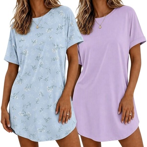 Ekouaer 2 Pack Nightgowns for Women Bamboo Viscose Short Sleeve Sleepshirt(Lilac/Floral Light Blue)