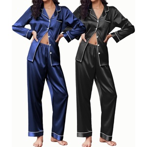 Ekouaer 2 Pack Pajamas for Women Set Silk Lounge Sets Button Up Pj Sets(Black/Navy Blue)