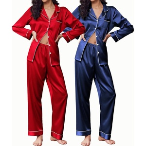 Ekouaer 2 Pack Pajamas for Women Set Silk Lounge Sets Button Up Pj Sets(Navy Blue/Red)