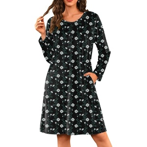 Ekouaer Flannel Nightgowns for Women Long Sleeve Night Gown Warm Nightshirt(Black Daisy Flower)