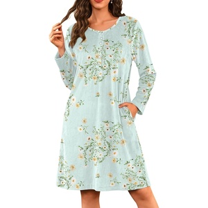 Ekouaer Flannel Nightgowns for Women Long Sleeve Night Gown Warm Nightshirt(Green Floral)