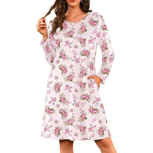Ekouaer Flannel Nightgowns for Women Long Sleeve Night Gown Warm Nightshirt(White Pink Rose)