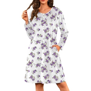 Ekouaer Flannel Nightgowns for Women Long Sleeve Night Gown Warm Nightshirt(White Purple Rose)