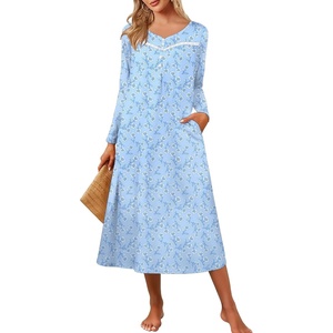 Ekouaer Long Sleeve Nightgowns for Women Henley Sleepshirts with Pockets(Blue Floral)