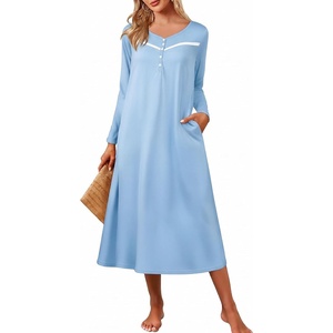 Ekouaer Long Sleeve Nightgowns for Women Henley Sleepshirts with Pockets(Light Blue)