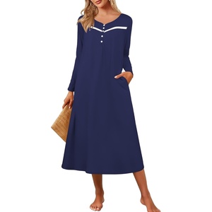 Ekouaer Long Sleeve Nightgowns for Women Henley Sleepshirts with Pockets(Navy Blue)