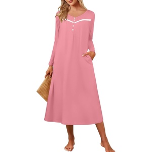 Ekouaer Long Sleeve Nightgowns for Women Henley Sleepshirts with Pockets(Pink)