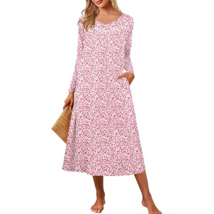Ekouaer Long Sleeve Nightgowns for Women Henley Sleepshirts with Pockets(Pink Floral)