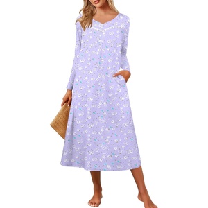 Ekouaer Long Sleeve Nightgowns for Women Henley Sleepshirts with Pockets(Purple Floral)