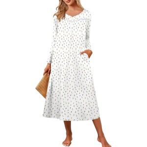 Ekouaer Long Sleeve Nightgowns for Women Henley Sleepshirts with Pockets(White Floral)
