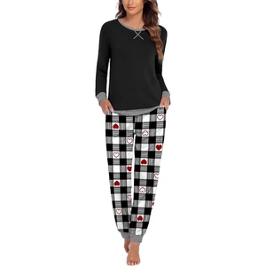 Ekouaer Pajamas for Women Comfy Long Sleeve Jogger Set Lounge Pjs Set(Black White Plaid Red Hearts)