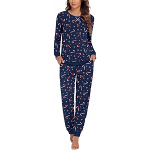 Ekouaer Pajamas for Women Comfy Long Sleeve Jogger Set Lounge Pjs Set(Navy Blue Christmas)