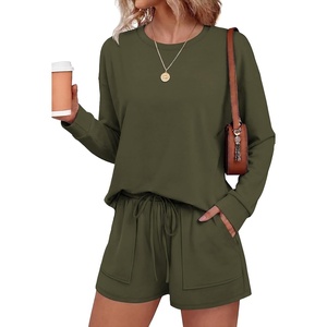 Ekouaer Women’s Lounge Sets Pajamas 2026 Fall Long Sleeve Top&Shorts XS-XXL(Army Green)
