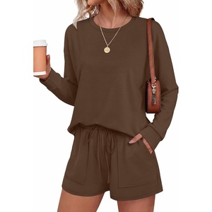 Ekouaer Women’s Lounge Sets Pajamas 2026 Fall Long Sleeve Top&Shorts XS-XXL(Brown)