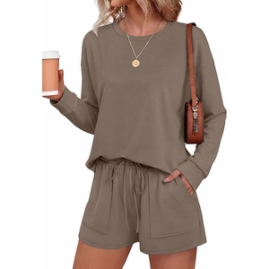 Ekouaer Women’s Lounge Sets Pajamas 2026 Fall Long Sleeve Top&Shorts XS-XXL(Taupetastic)