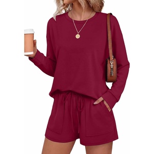 Ekouaer Women’s Lounge Sets Pajamas 2026 Fall Long Sleeve Top&Shorts XS-XXL(Wine Red)