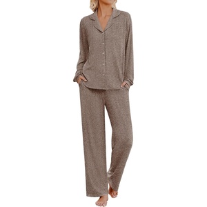 Ekouaer Womens Pajama Sets Long Sleeve Button Down Soft Lounge Sets Ribbed(Brown)