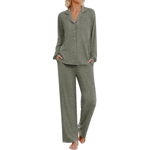 Ekouaer Womens Pajama Sets Long Sleeve Button Down Soft Lounge Sets Ribbed(Grey Green)