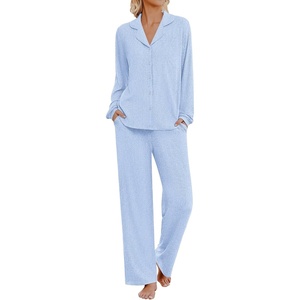 Ekouaer Womens Pajama Sets Long Sleeve Button Down Soft Lounge Sets Ribbed(Light Blue)