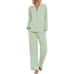 Ekouaer Womens Pajama Sets Long Sleeve Button Down Soft Lounge Sets Ribbed(Light Green)