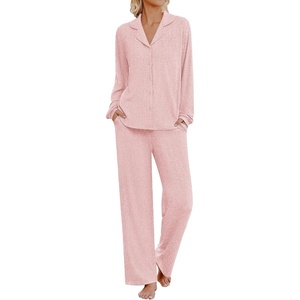 Ekouaer Womens Pajama Sets Long Sleeve Button Down Soft Lounge Sets Ribbed(Light Pink)