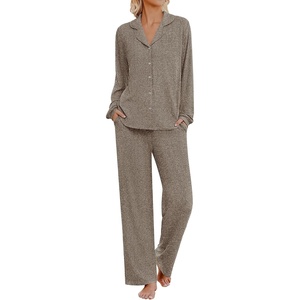 Ekouaer Womens Pajama Sets Long Sleeve Button Down Soft Lounge Sets Ribbed(Tea Grey)