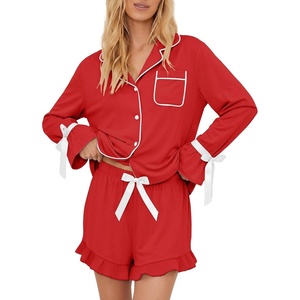 Ekouaer Womens Pajamas Long Sleeve and Shorts Cute Ruffle Pjs Lounge Set(Red)