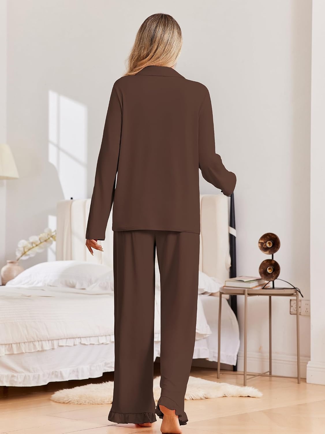 image:imageEkouaer Pajamas for Women Set Button Up Pj Soft Long Sleeve Lounge SetsBrown