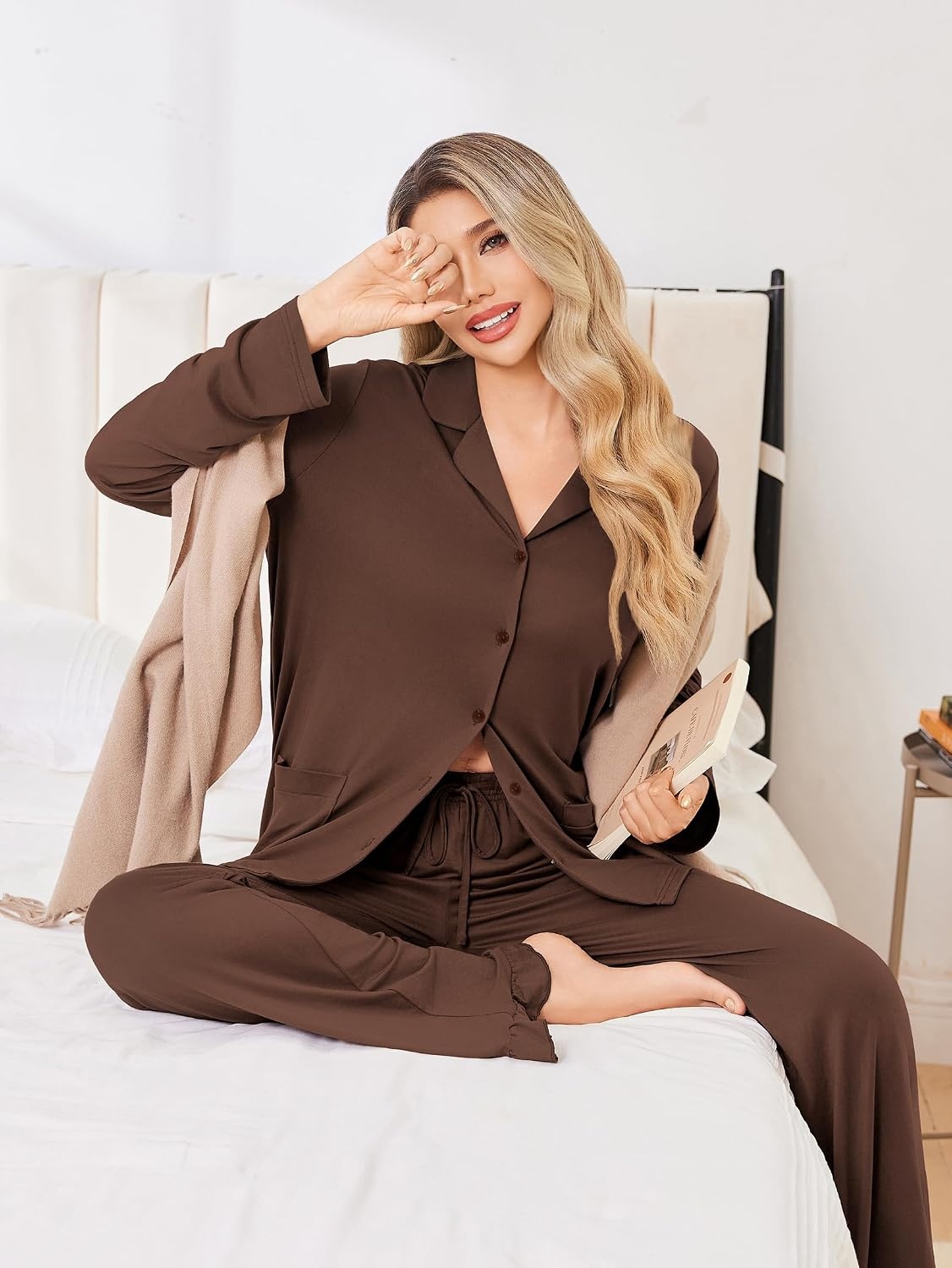 image:imageEkouaer Pajamas for Women Set Button Up Pj Soft Long Sleeve Lounge SetsBrown