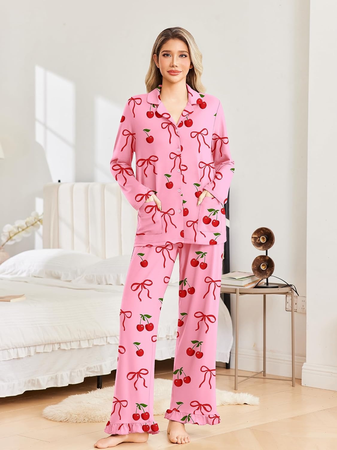 image:imageEkouaer Pajamas for Women Set Button Up Pj Soft Long Sleeve Lounge SetsCherry Bow Pink