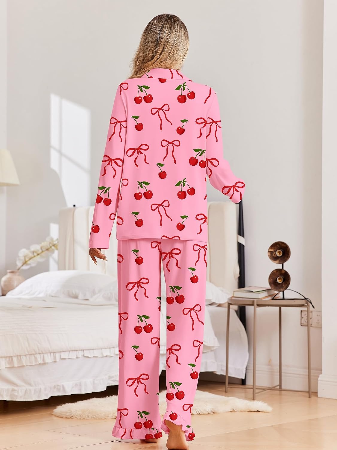 image:imageEkouaer Pajamas for Women Set Button Up Pj Soft Long Sleeve Lounge SetsCherry Bow Pink