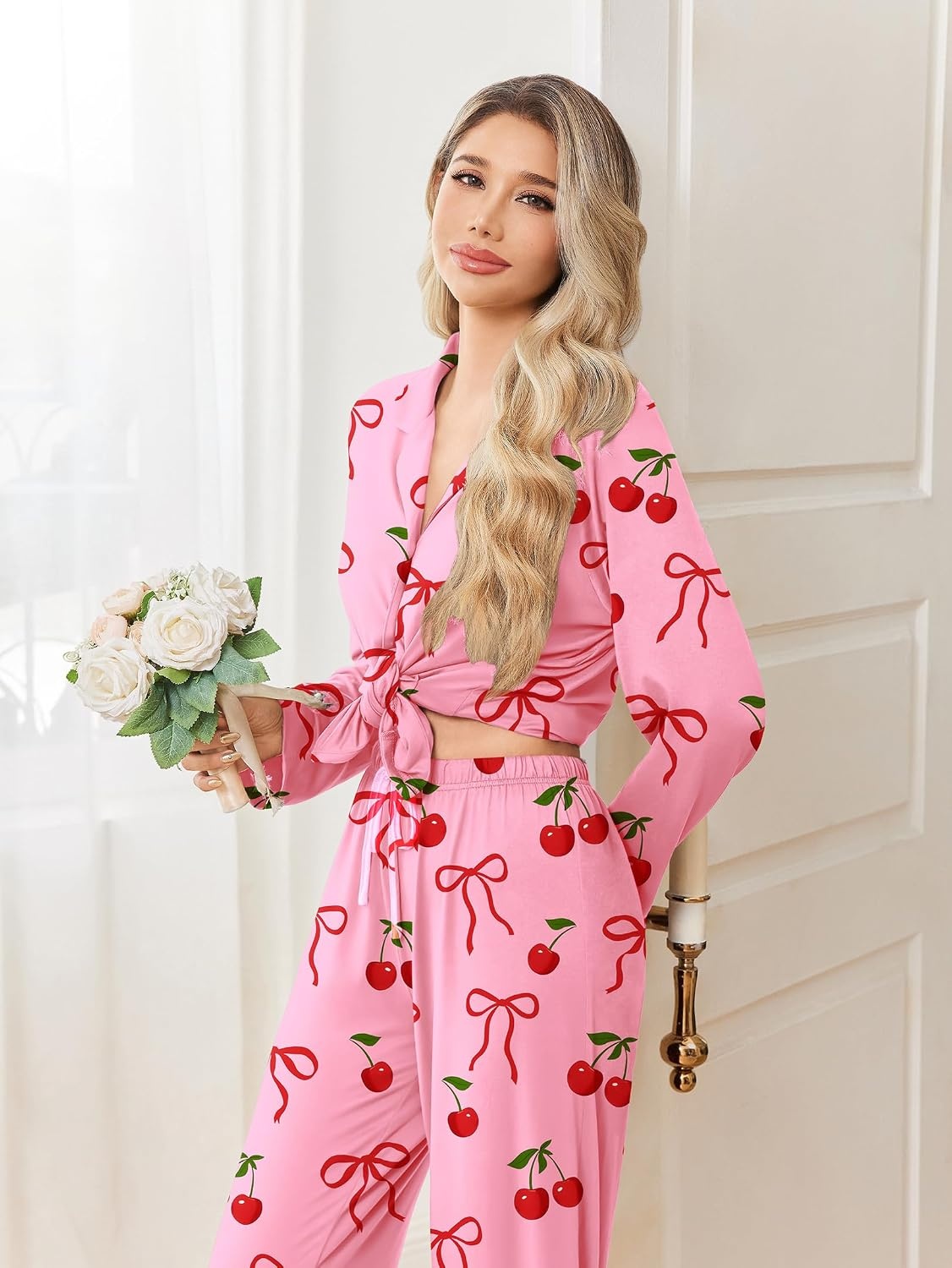 image:imageEkouaer Pajamas for Women Set Button Up Pj Soft Long Sleeve Lounge SetsCherry Bow Pink
