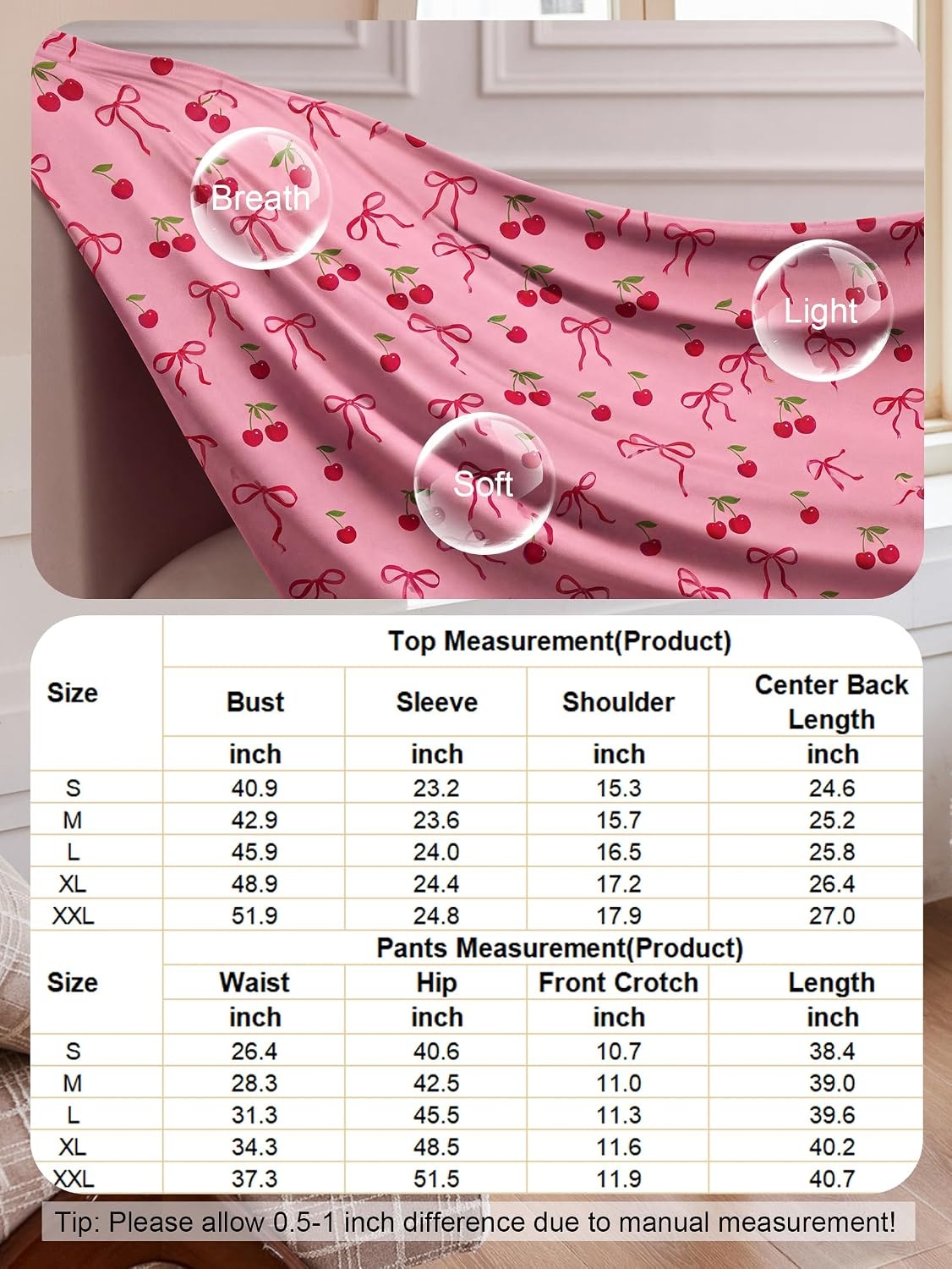 image:imageEkouaer Pajamas for Women Set Button Up Pj Soft Long Sleeve Lounge SetsCherry Bow Pink