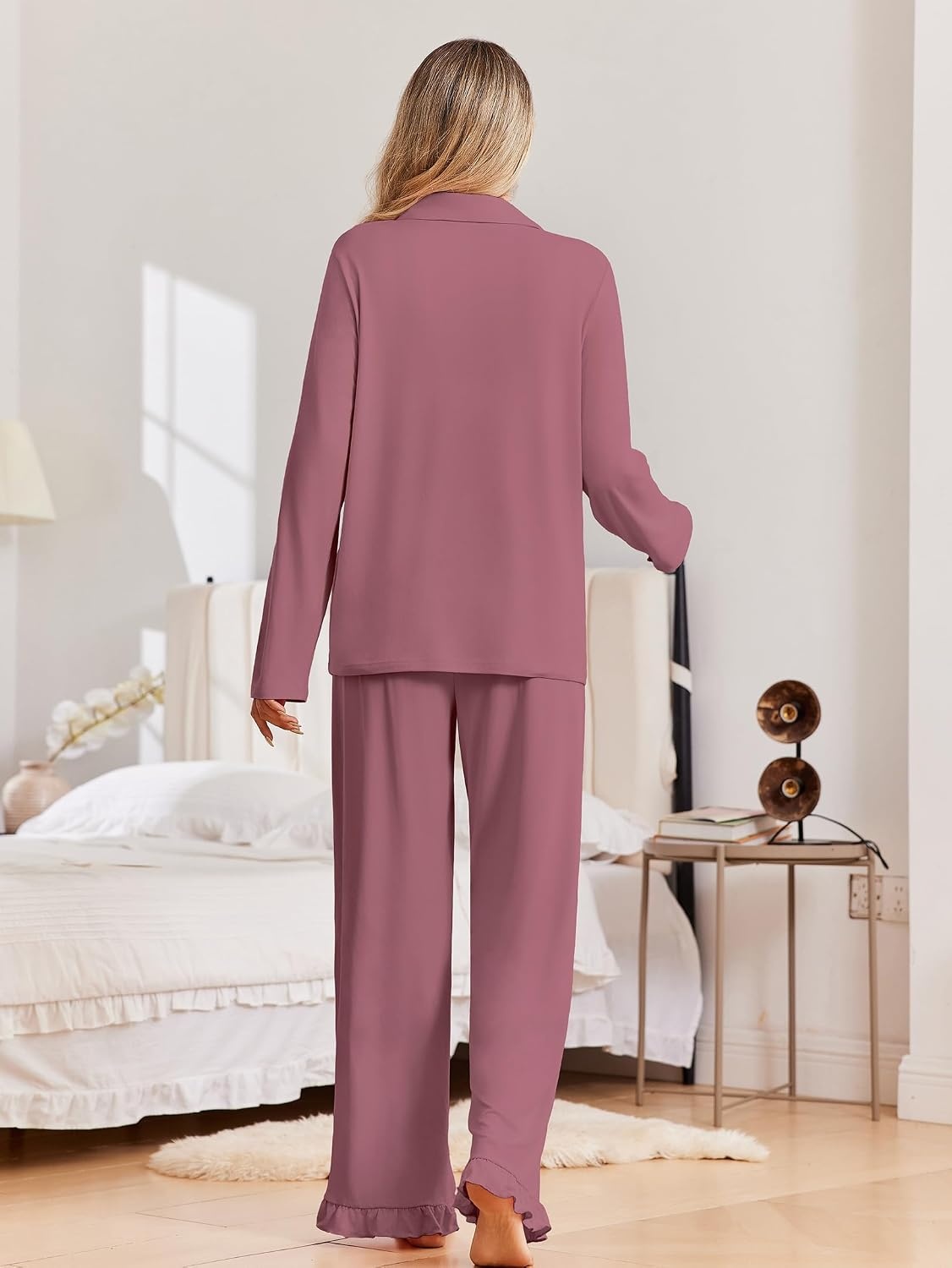 image:imageEkouaer Pajamas for Women Set Button Up Pj Soft Long Sleeve Lounge SetsDusty Mauve