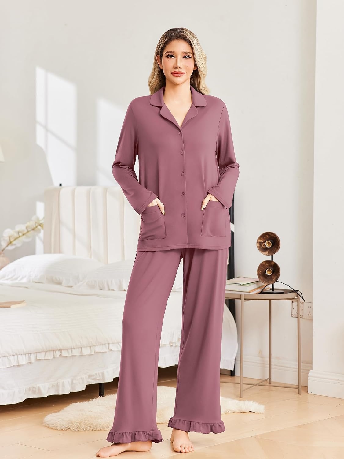 image:imageEkouaer Pajamas for Women Set Button Up Pj Soft Long Sleeve Lounge SetsDusty Mauve