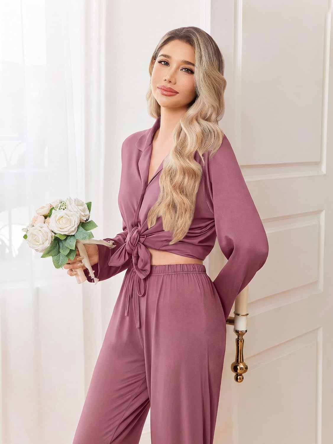 image:imageEkouaer Pajamas for Women Set Button Up Pj Soft Long Sleeve Lounge SetsDusty Mauve