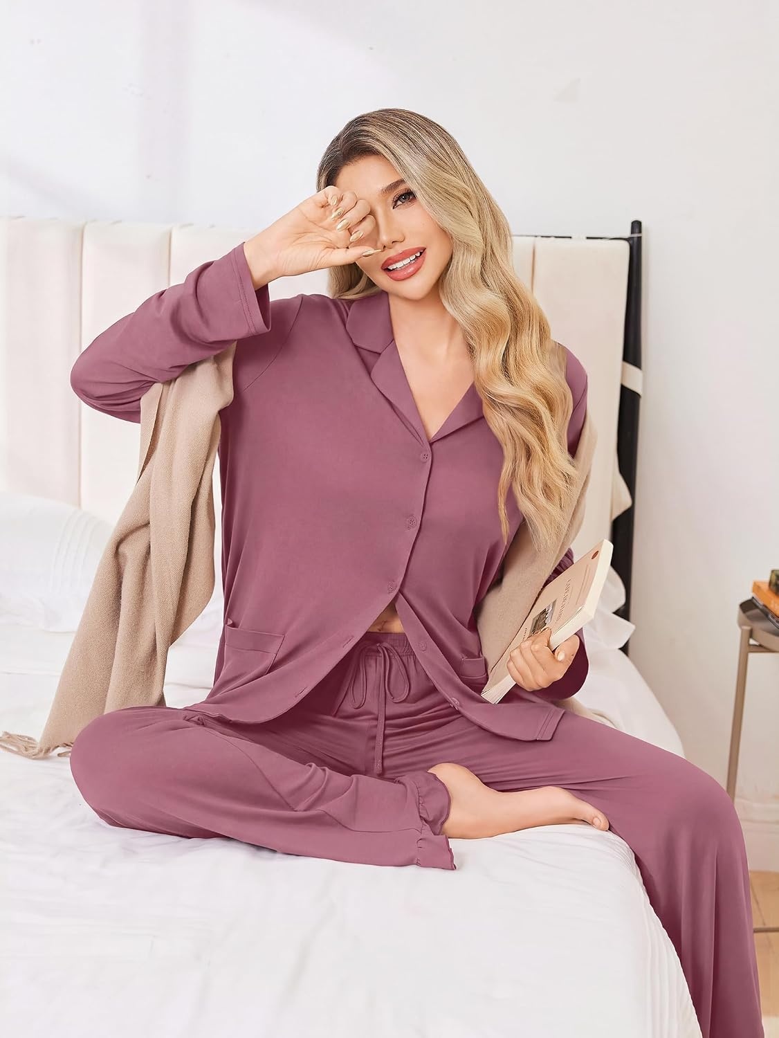 image:imageEkouaer Pajamas for Women Set Button Up Pj Soft Long Sleeve Lounge SetsDusty Mauve