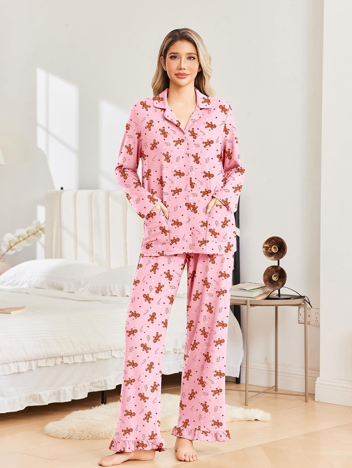 image:imageEkouaer Pajamas for Women Set Button Up Pj Soft Long Sleeve Lounge SetsPink Christmas