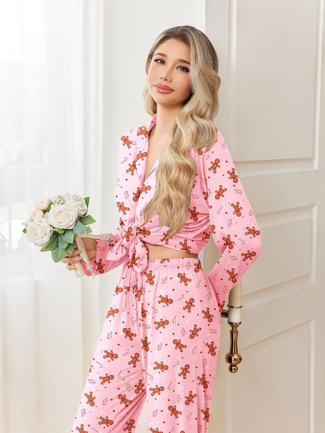 image:imageEkouaer Pajamas for Women Set Button Up Pj Soft Long Sleeve Lounge SetsPink Christmas