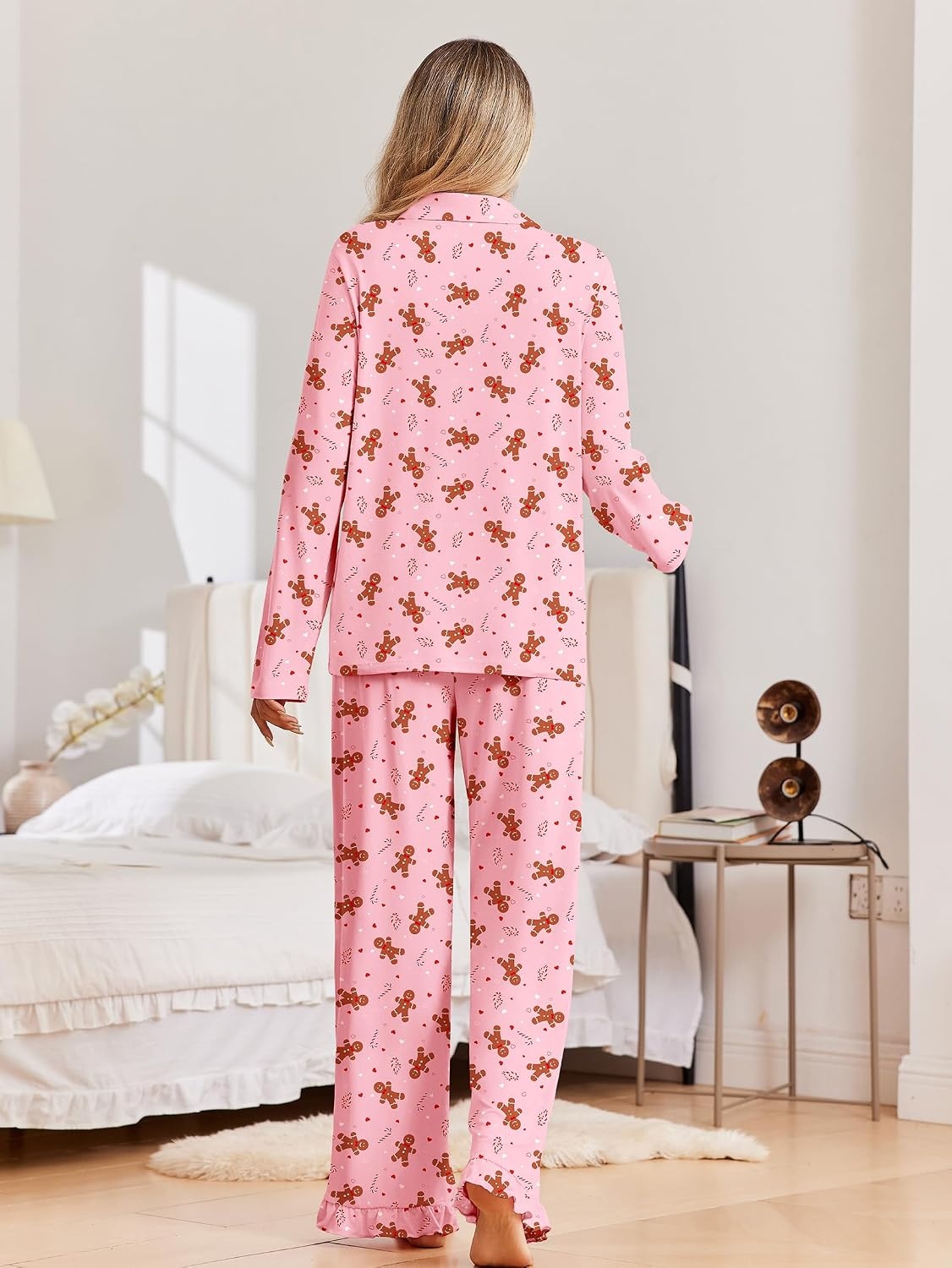 image:imageEkouaer Pajamas for Women Set Button Up Pj Soft Long Sleeve Lounge SetsPink Christmas