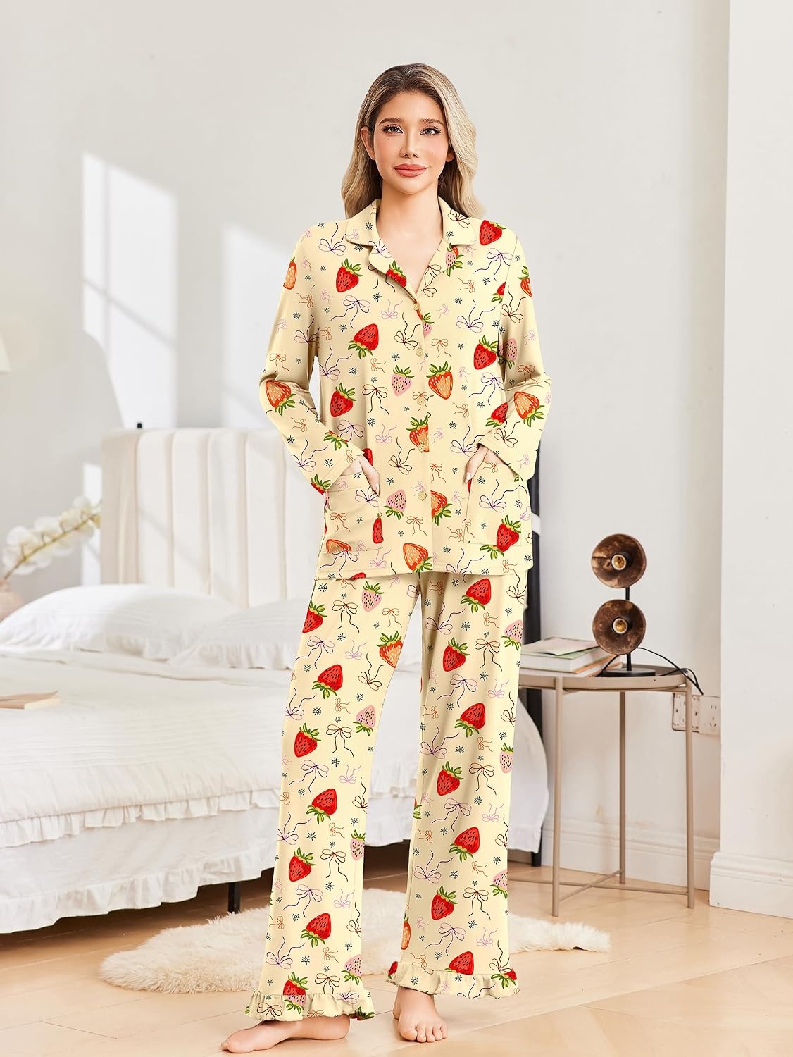 image:imageEkouaer Pajamas for Women Set Button Up Pj Soft Long Sleeve Lounge SetsStrawberry Light Orange