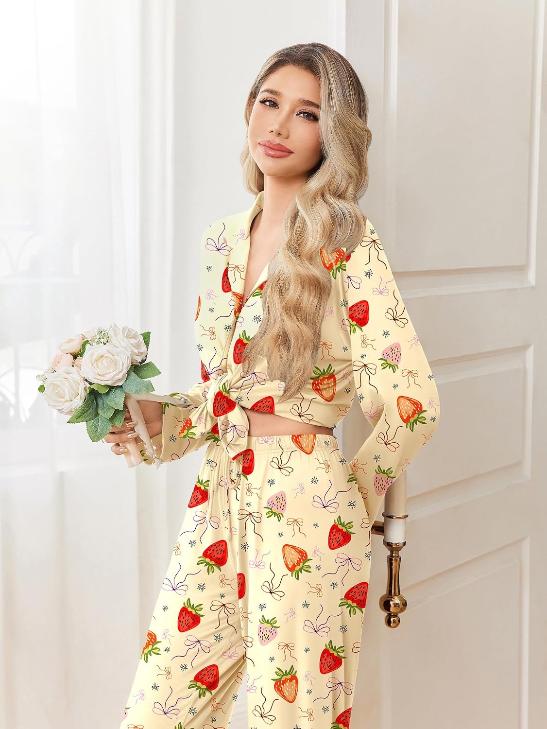 image:imageEkouaer Pajamas for Women Set Button Up Pj Soft Long Sleeve Lounge SetsStrawberry Light Orange