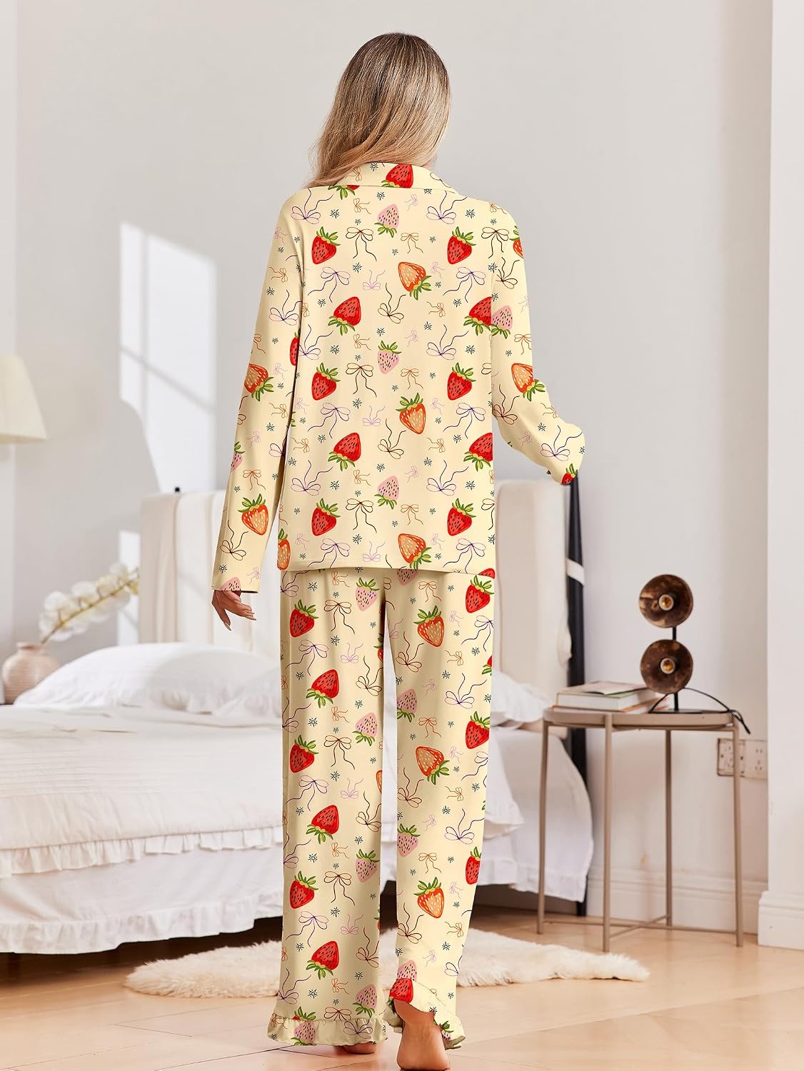 image:imageEkouaer Pajamas for Women Set Button Up Pj Soft Long Sleeve Lounge SetsStrawberry Light Orange