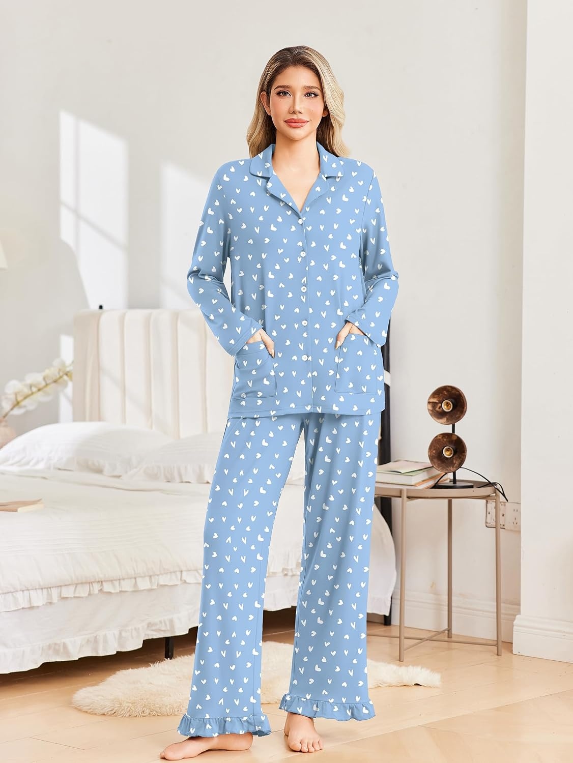 image:imageEkouaer Pajamas for Women Set Button Up Pj Soft Long Sleeve Lounge SetsWhite Heart Blue
