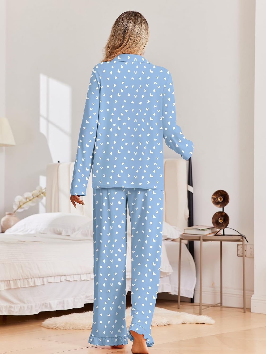 image:imageEkouaer Pajamas for Women Set Button Up Pj Soft Long Sleeve Lounge SetsWhite Heart Blue