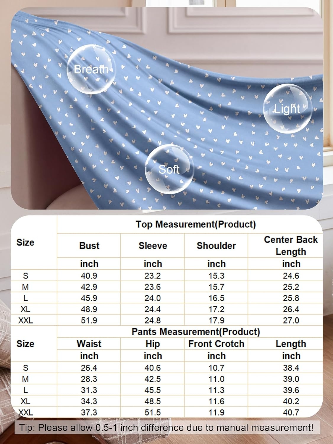 image:imageEkouaer Pajamas for Women Set Button Up Pj Soft Long Sleeve Lounge SetsWhite Heart Blue