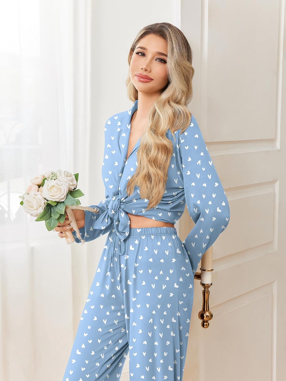 image:imageEkouaer Pajamas for Women Set Button Up Pj Soft Long Sleeve Lounge SetsWhite Heart Blue