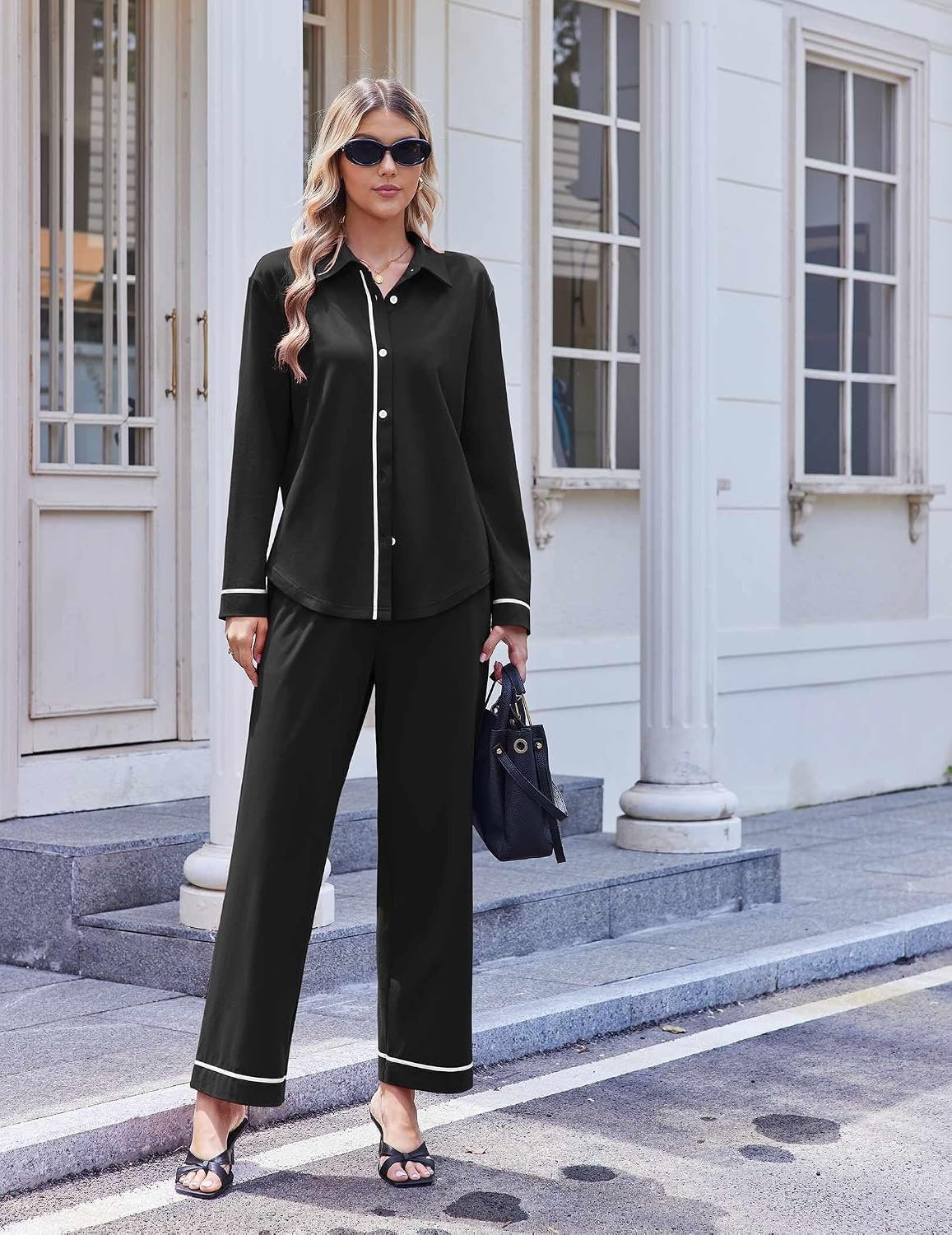 image:imageEkouaer Pajamas for Women Set Cotton Long Sleeve Pjs Button Up Lounge SetsBlack