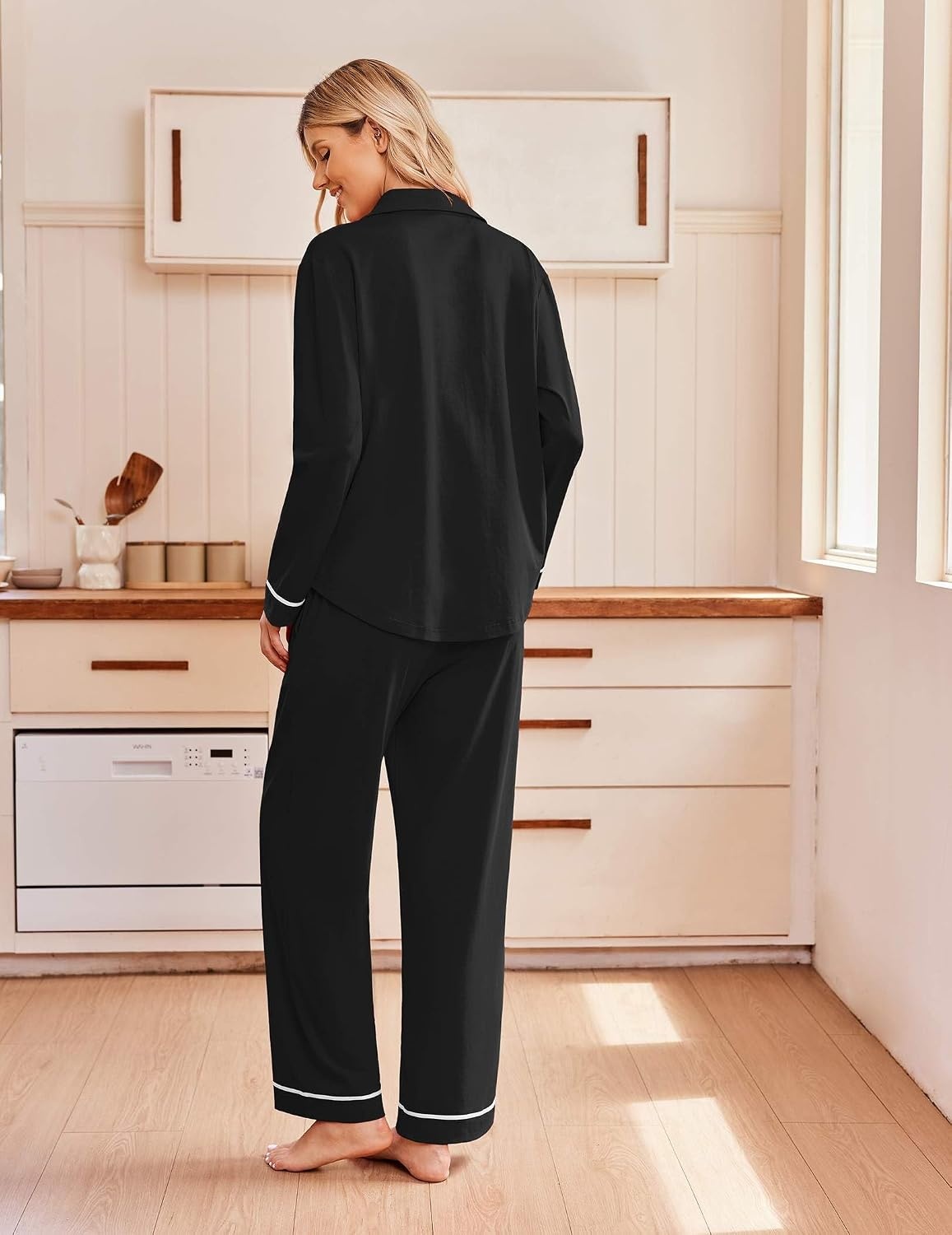 image:imageEkouaer Pajamas for Women Set Cotton Long Sleeve Pjs Button Up Lounge SetsBlack